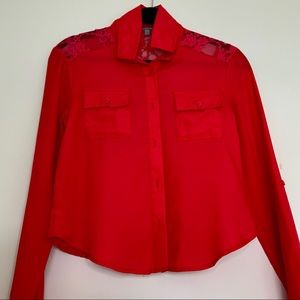 Long-Sleeve Dark Pink Button Down w/ Lace Top Back - Charlotte Russe XS